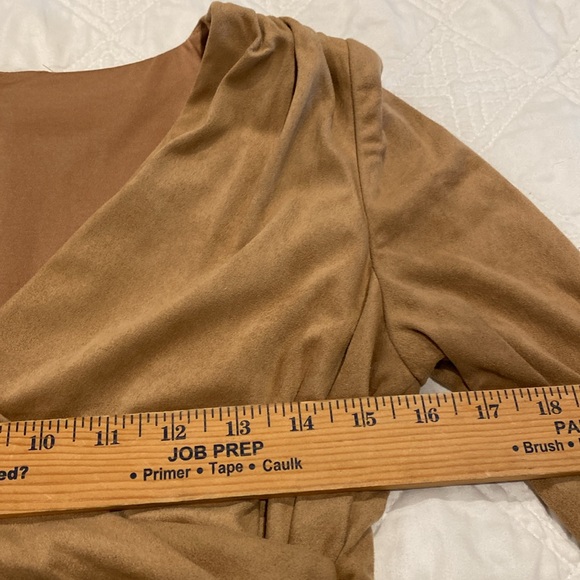 Kay Unger Tan Micro Suede Midi Dress- Faux wrap with decorative side zipper - Picture 6 of 15